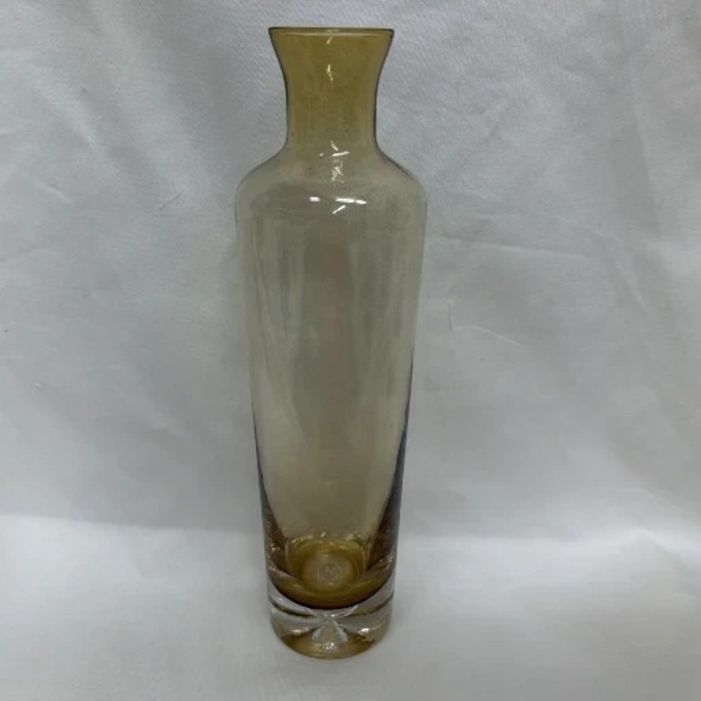 Krosno hand-blown glass vase olive decanter design Bubble Bottom MCM Yellow EUC